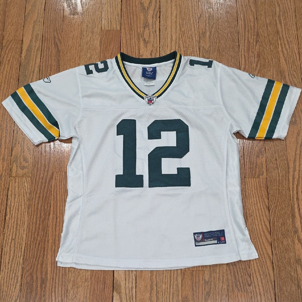 Reebok Women's White Aaron Rodgers Away Jersey with Green and Yellow Stripes